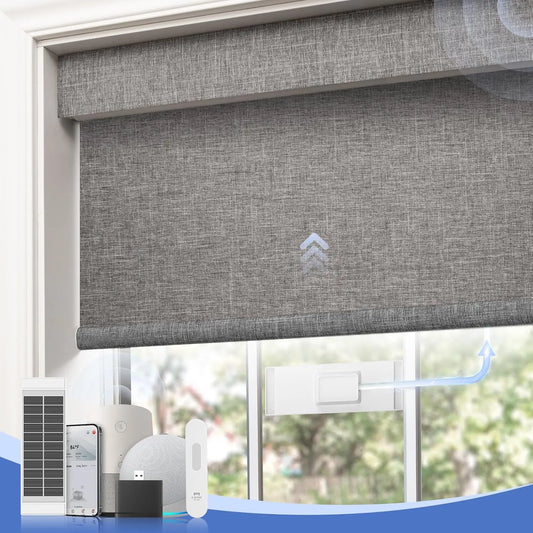 Motorized Blinds with Remote, Blackout Automatic Blinds with Solar Panel, Cordless Smart Electric Roller Shades for Windows.
