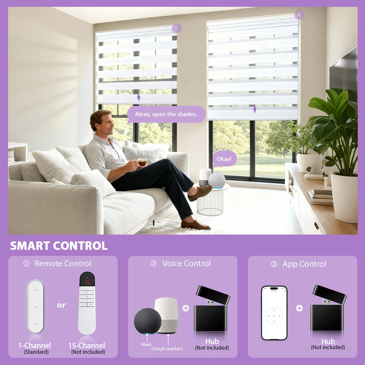 Smart Zebra Blinds for Windows, Motorized Blinds with Remote Control, Automatic Electric Power Zebra Shades for Indoor Windows.